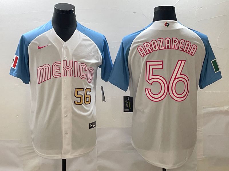 Men 2023 World Cub Mexico 56 Arozarena White blue Nike MLB Jersey14